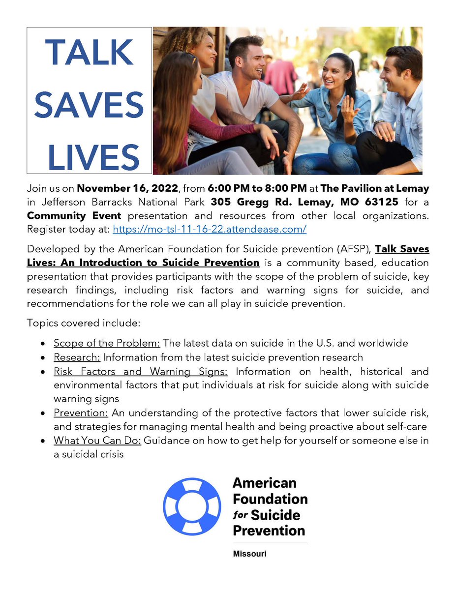 BHR_STL's tweet image. Be a part of our lifesaving community. Join us November 16, from 6-8 p.m. at The Pavilion at Lemay in Jefferson Barracks National Park for a Community Event presentation &amp;amp; resources from BHR &amp;amp; other local organizations. Register: mo-tsl-11-16-22.attendease.com. #SuicidePrevention