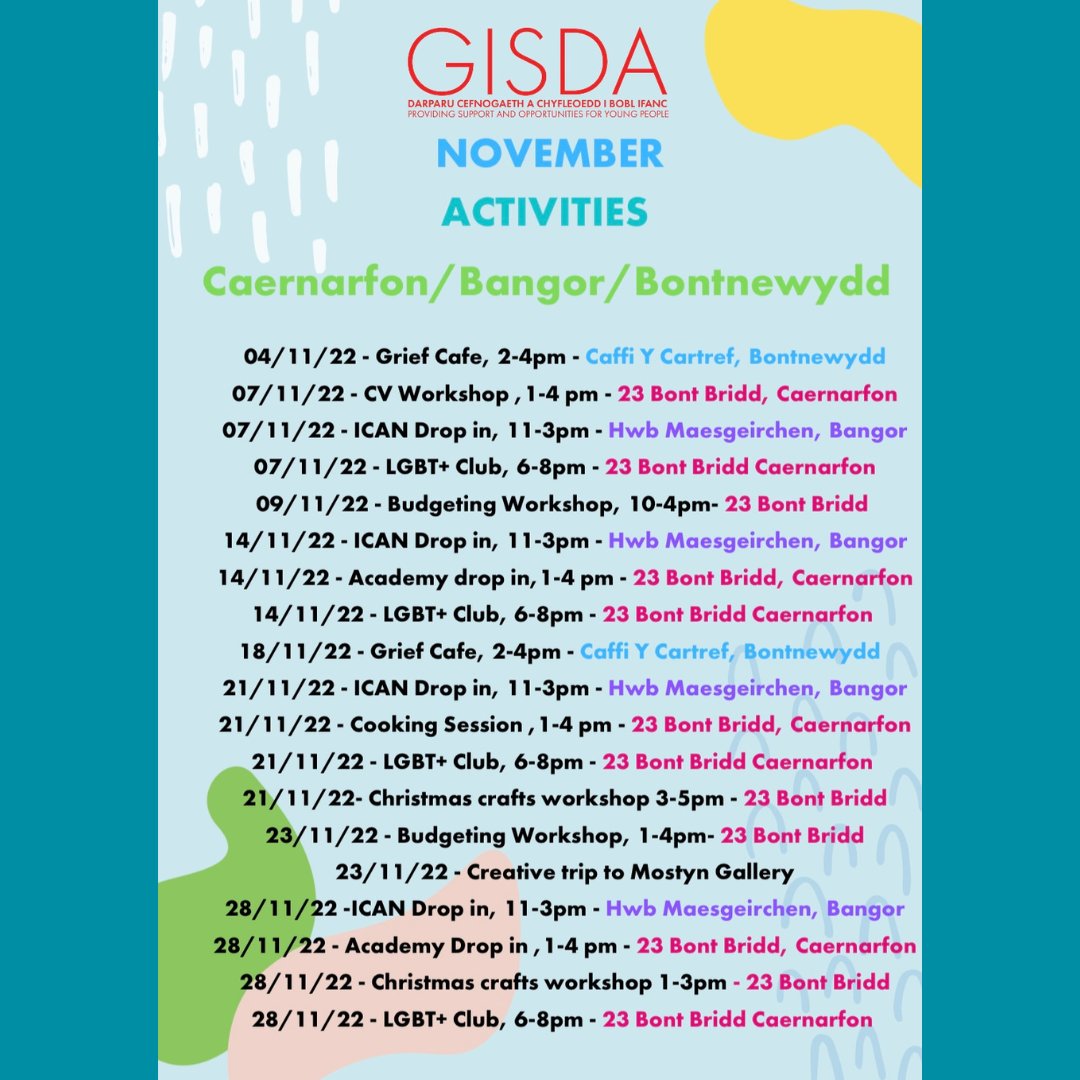 Gisdacyf's tweet photo. November Activity timetable

Join us for a month full of activities with the GISDA team 😄

For more information, please contact:
📞01286 671153 https://t.co/fi6XVP9eN2