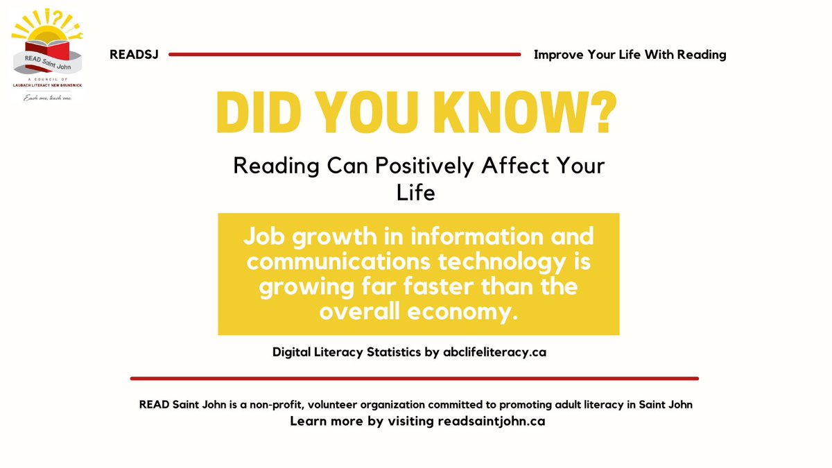 Did you know? Job growth in information and communications technology is growing faster than the overall economy. 👀 Join in our mission to promote adult literacy in the Greater Saint John Area. 
Visit our website to learn more: readsaintjohn.ca! #GrowSJ