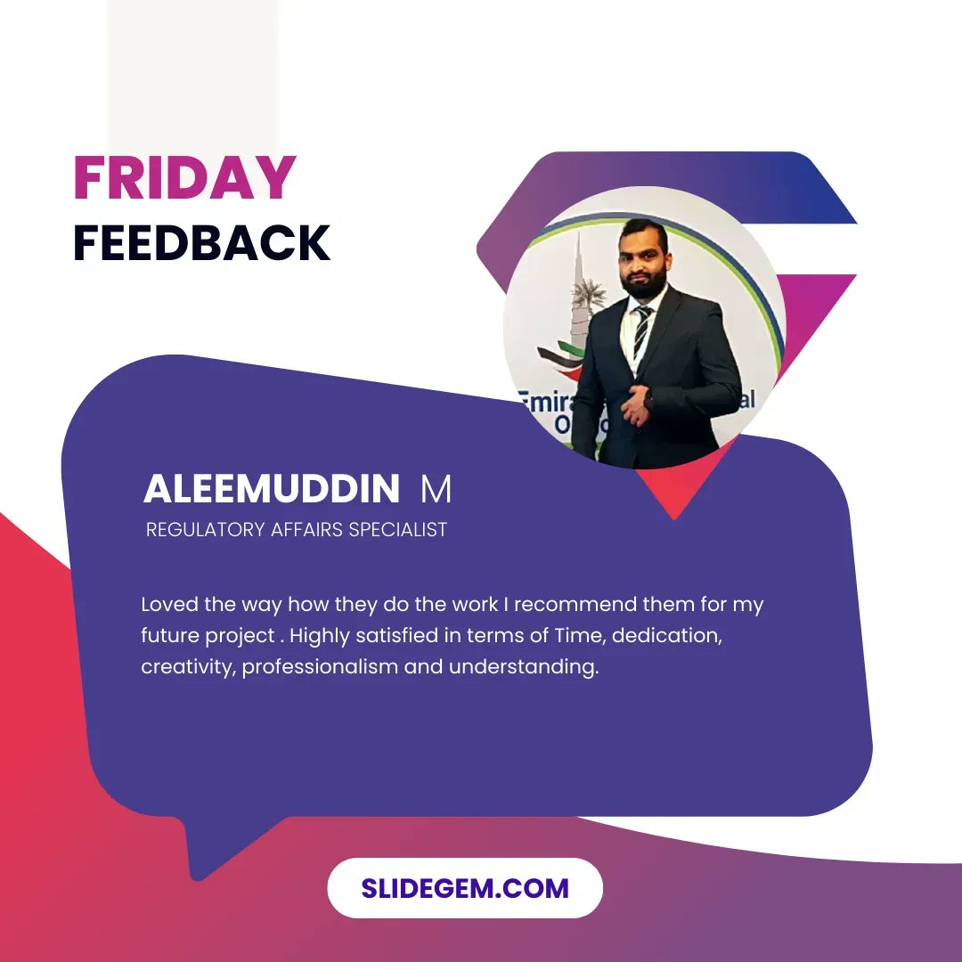 SlideGem's tweet image. We love to hear what our clients have to say! Here&apos;s what they had to say about their experience with us. 

#FridayFeedback #SlideDesigner #ProPresentationDesigner
#testimonial #Powerpoint #designthinking #visualdesign