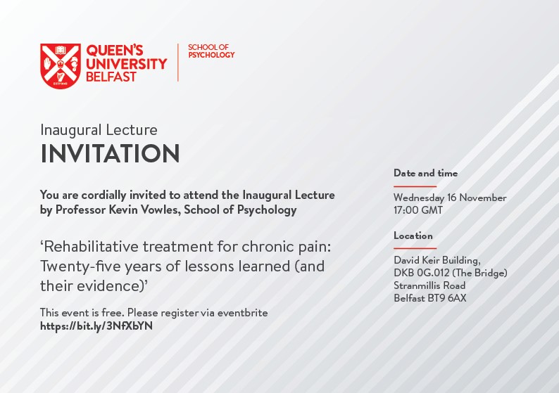 QUBPsych's tweet photo. The inaugural lecture by Professor Kevin Vowles is taking place on Wednesday, 16 November! This event is free and open to all. The lecture will be followed by an informal drinks reception. 

Register here: https://t.co/trYvoOHu8B https://t.co/BxKMWBGrVw