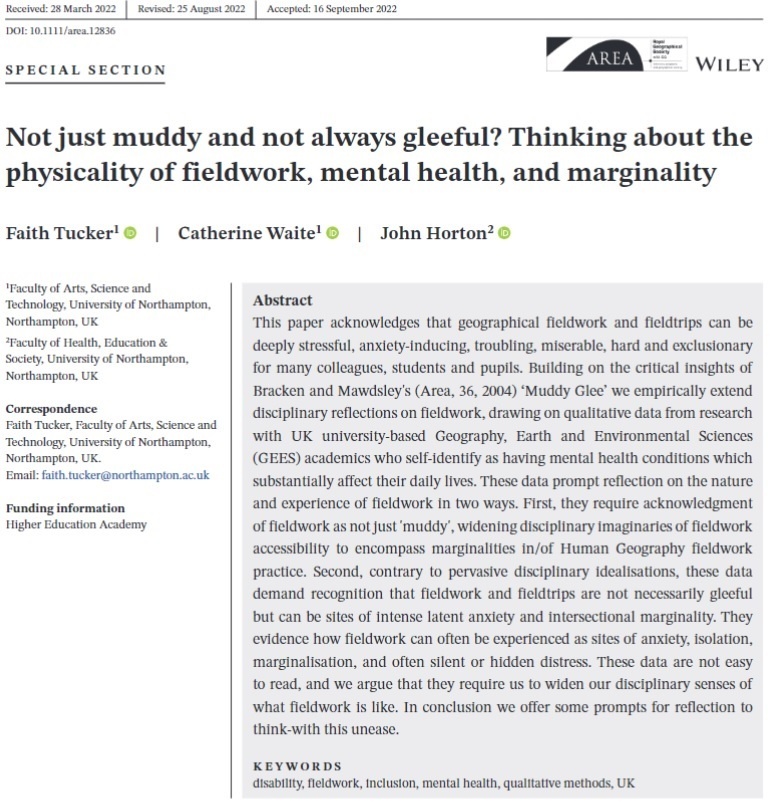 RGS_IBGhe's tweet photo. 'We suggest that it is not fieldwork itself that is horrible or full of glee, but the 'norms of privilege' inherent with the discipline that make it so.' - Faith Tucker (@GeogNorthampton) et al. in recent #areajournal special section, now in Early View https://t.co/O93JmCEzJE https://t.co/NXNzG8RAD7