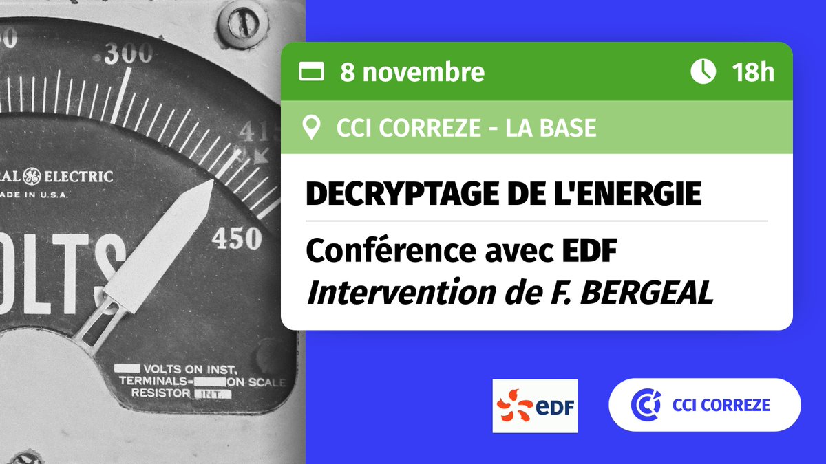 [SAVE THE DATE] Le 8 novembre à 18h à #La Base
La #CCI et <a href="/EDFofficiel/">EDF</a>, vous propose une #conférence sur le fonctionnement du #marché de l’#énergie en Europe &amp; les impacts sur la #facture électrique des entreprises
Inscription gratuite &amp; obligatoire
👉 bit.ly/3U5ABV7