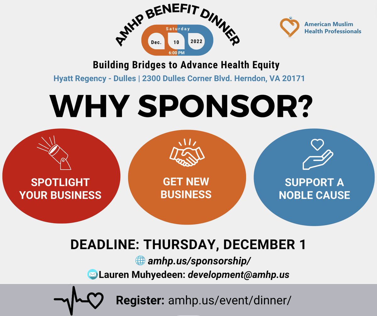 MuslimHealth's tweet photo. 💡Sponsorship Opportunity: AMHP's Upcoming Benefit Dinner!
AMHP invites you to sponsor our upcoming benefit dinner on Saturday, December 10, at Hyatt Regency-Dulles
🌐 https://t.co/1vH8kTBRPM
📧 Lauren Muhyedeen development@amhp.us
#AMHPbenefitdinner #AMHPdinner #MuslimHealth https://t.co/NSVnwWA8O3