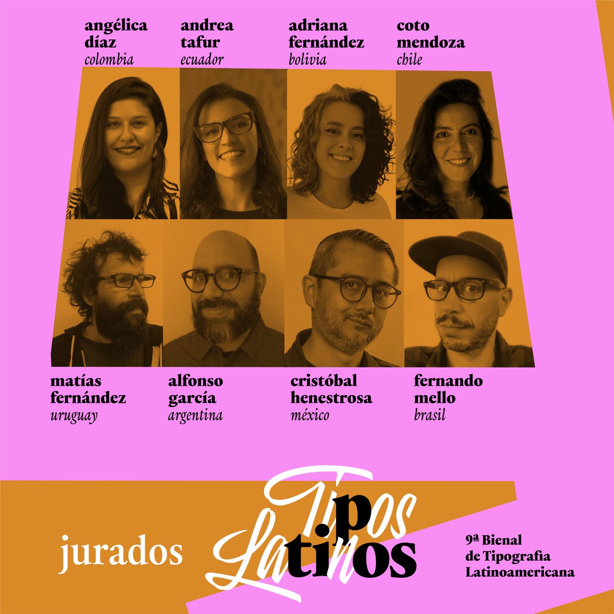 TiposLatinos's tweet photo. Este es el jurado de Tipos Latinos 2022: Angélica Díaz (Colombia), Andrea Tafur (Ecuador), Adriana Fernández (Bolivia), Coto Mendoza (Chile), Matías Fernández (Uruguay), Alfonso García (Argentina), Cristóbal Henestrosa (México) y Fernando Mello (Brasil) https://t.co/RrbbSWmgYX