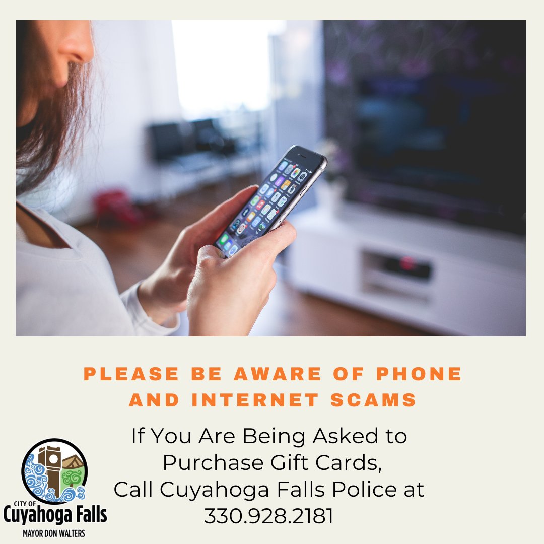 SCAM ALERT
Residents have reported calls from individuals posing as representatives of the local utility provider. The City of Cuyahoga Falls does not notify residents of payment issues via phone or email. Questions about your account call the Utility Billing Dept at 330-971-8250