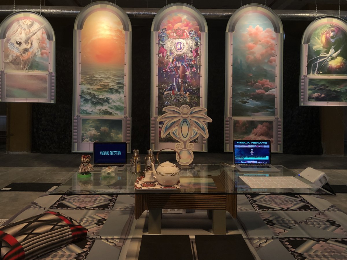 ViolaRenate's tweet photo. #REALITYCHECK VR Print Décors™ Viewing Reception presenting 'The Solo Collection' @DutchDesignWeek / @Manifestations_ . 'Unicorn Connection Window', 'Machine Dream Portals' and 'Palm Crown' glossy room jewel. #DutchDesignWeek  #postdigitalhome #digitalart #materiality #decorart https://t.co/wg0tMH3l7k