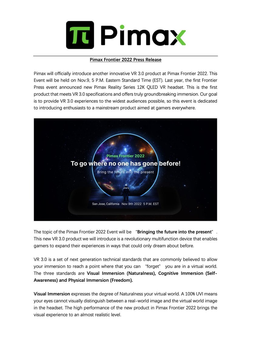 pimaxofficial's tweet photo. #Pimax #VR #Frontier2022 
Pimax Frontier 2022 has been set on Nov.9, EST, 5 p.m. 
Sign up on Pimax Official website have chance to win a free Crystal!
https://t.co/xPhfEPpGux https://t.co/9kFiybbS2h