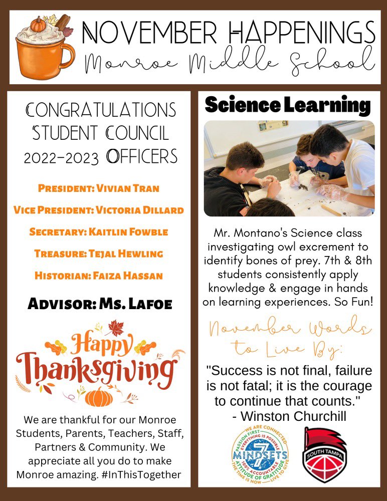 Lots of fun incentives are happening at Monroe this month! Check out the flyer for more information! 🦃 @PrincipalJahn <a href="/APGeathers/">Demetria Geathers</a> <a href="/emorgan410/">Elizabeth morgan</a> <a href="/AcademyTampa/">South Tampa Academy @ Monroe Middle School PTSA</a> <a href="/SDHCMagnet/">HCPS Magnet Schools and Programs</a> <a href="/hcpsMS/">HCPS Middle Schools</a>