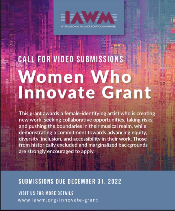 iawmcommunity's tweet photo. ‼️ New grant alert ‼️ 

We are so thrilled to announce the Women Who Innovate Grant!

Submissions due Dec 31, 2022. 

For more details, visit https://t.co/ntyjT4ZK3B

#iawm #internationalallianceforwomeninmusic #iawmcommunity #womeninmusic #grant #womenwhoinnovate https://t.co/BFcwBV9Efe