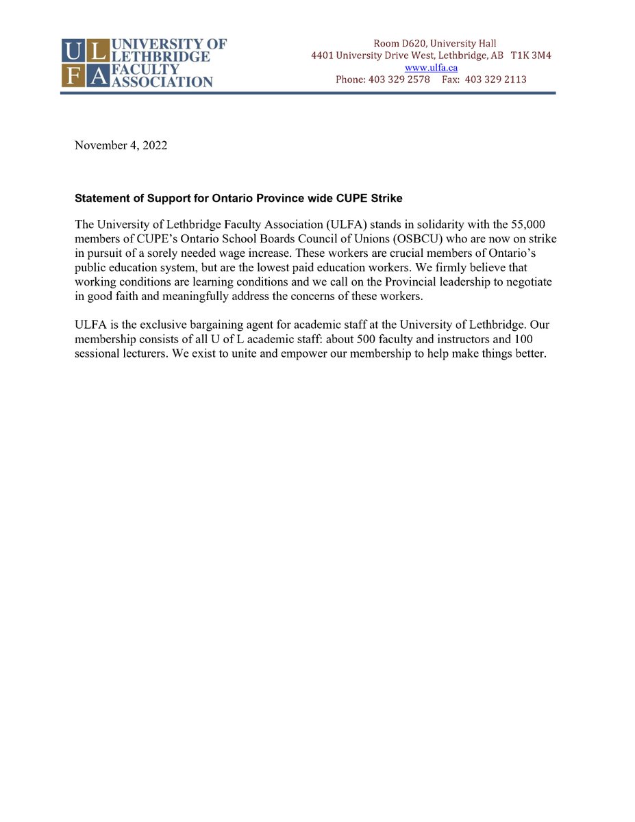 The University of Lethbridge Faculty Association (ULFA) stands in solidarity with the 55,000 members of CUPE’s Ontario School Boards Council of Unions (OSBCU) who are now on strike in pursuit of a sorely needed wage increase.
#ulfa #solidarity #cupe #osbcu