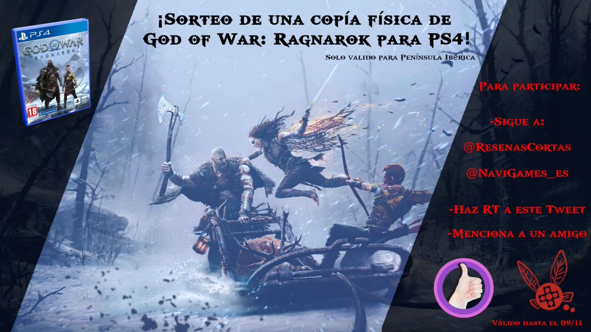 Reseñas Cortas (@resenascortas) on Twitter photo 🚨SORTEAZO🚨
<a href="/NaviGames_es/">NaviGames.es</a> y yo sorteamos un COPIA FÍSICA DE PS4 de #GodofWarRagnarok.
Requisitos:
❤️Síguenos a <a href="/NaviGames_es/">NaviGames.es</a> y a mí.
🔄RT al tuit.
🗨️ Menciona a un coleguilla.
⛔️ No ser una cuenta de sorteos.
🇪🇸 Solo para la península de España.
📅Finaliza el 9/11/2022. 🚨SORTEAZO🚨
<a href="/NaviGames_es/">NaviGames.es</a> y yo sorteamos un COPIA FÍSICA DE PS4 de #GodofWarRagnarok.
Requisitos:
❤️Síguenos a <a href="/NaviGames_es/">NaviGames.es</a> y a mí.
🔄RT al tuit.
🗨️ Menciona a un coleguilla.
⛔️ No ser una cuenta de sorteos.
🇪🇸 Solo para la península de España.
📅Finaliza el 9/11/2022.