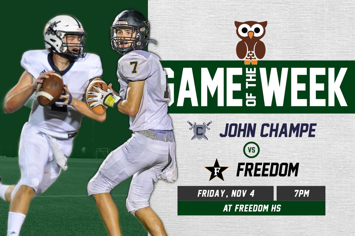 LoCoSports (@locosports) on Twitter photo Football: <a href="/ChampeKnightsFB/">Champe Football</a> (6-3) at <a href="/FHSFB_Eagles/">Freedom Eagles Football</a> (4-5)…Who do you got?
#GameOfTheWeek #LoCoFootball Football: <a href="/ChampeKnightsFB/">Champe Football</a> (6-3) at <a href="/FHSFB_Eagles/">Freedom Eagles Football</a> (4-5)…Who do you got?
#GameOfTheWeek #LoCoFootball
