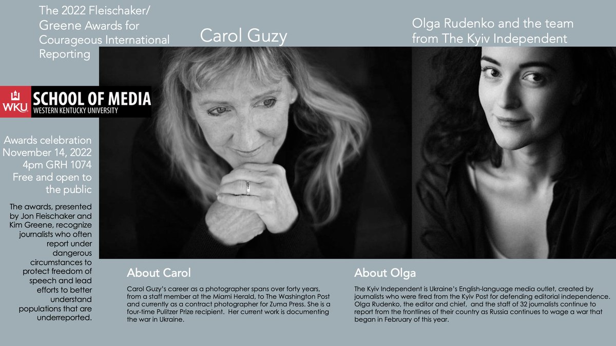 Join the School of Media to honor the two recipients of the Fleischaker/Greene Awards for Courageous International Reporting on Nov. 14th!