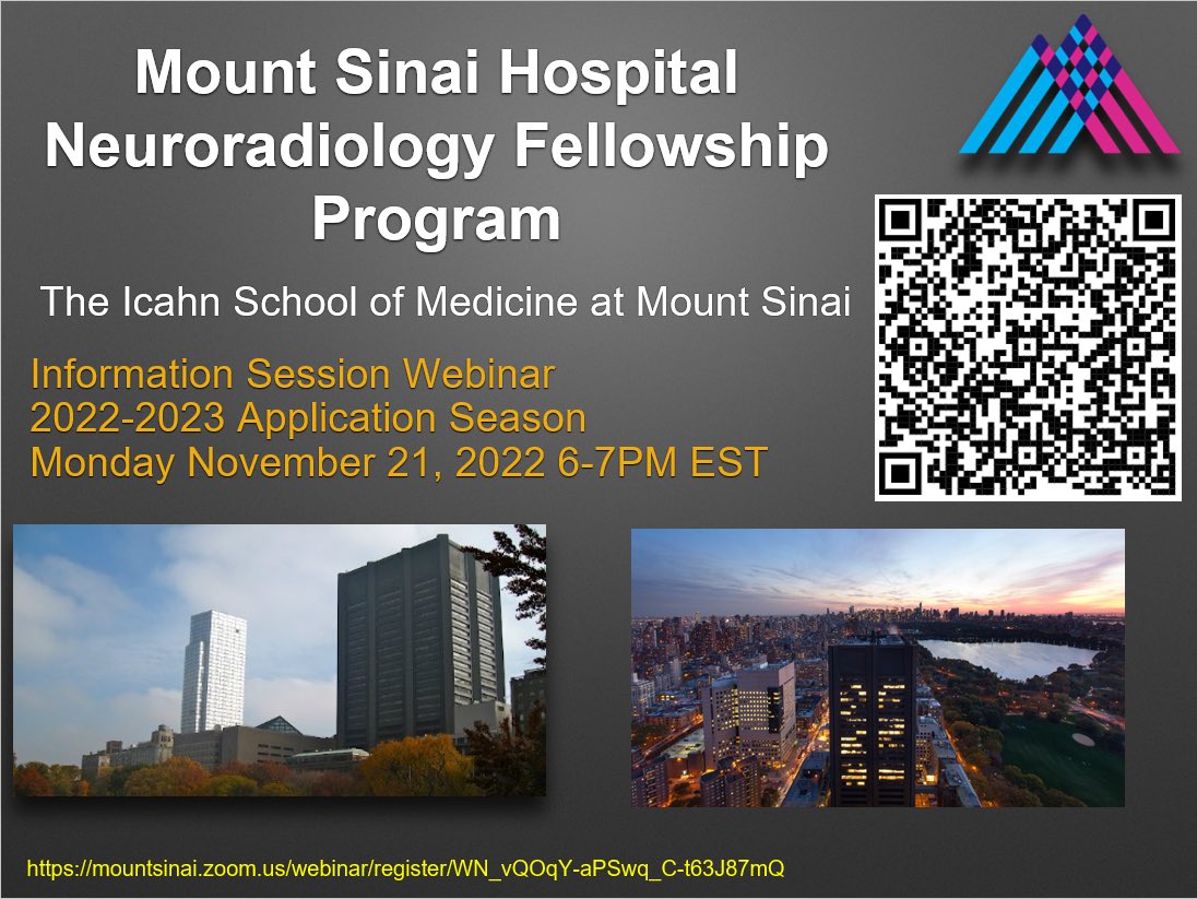 MountSinaiDR's tweet photo. Applying to neuroradiology fellowship? 🧠 Please join us at our upcoming Open House Information Session webinar on Mon 11/21, 6 PM EST. We look forward to meeting you and sharing more about our program!
 
Please pre-register using the link below👇🏼: https://t.co/pvGxrVjcyE