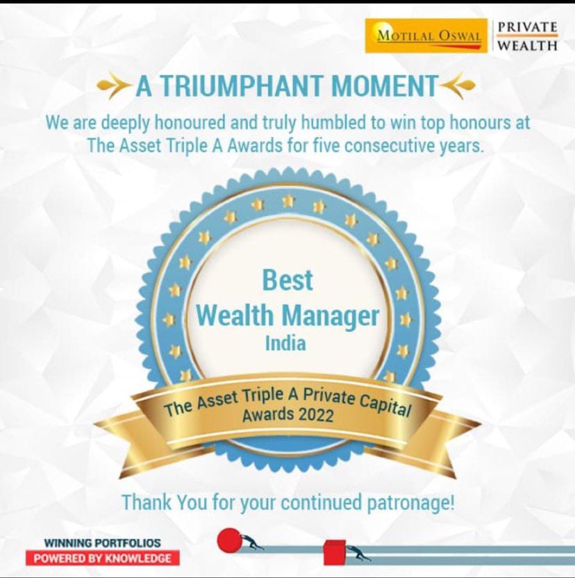 akhilsomani's tweet photo. Proud to share that @MotilalOswalPW has been recognised as ‘The Best Wealth Manager-India’ at The Asset Triple A Pvt. Capital Awards 22
Our heart is filled with Gratitude as we Thank our clients for their support & faith in us
@TheAssetMag @AshishShanker7
#WinningWithKnowledge https://t.co/KOxIFHaNKI