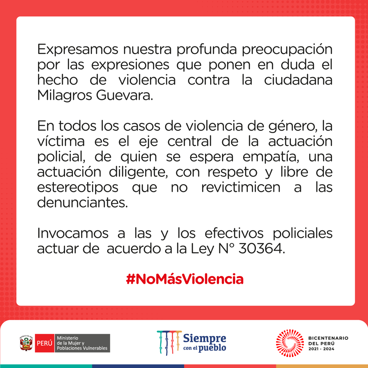 MimpPeru's tweet photo. Frente a los comentarios del jefe de la División Policial Chaclacayo - Chosica, coronel Hildebrando Delgado, expresamos nuestro rechazo e invocamos a todas y todos los efectivos de la @PoliciaPeru a poner a la víctima siempre al centro de su actuación ante denuncias de violencia. https://t.co/VZvYYQxwJm