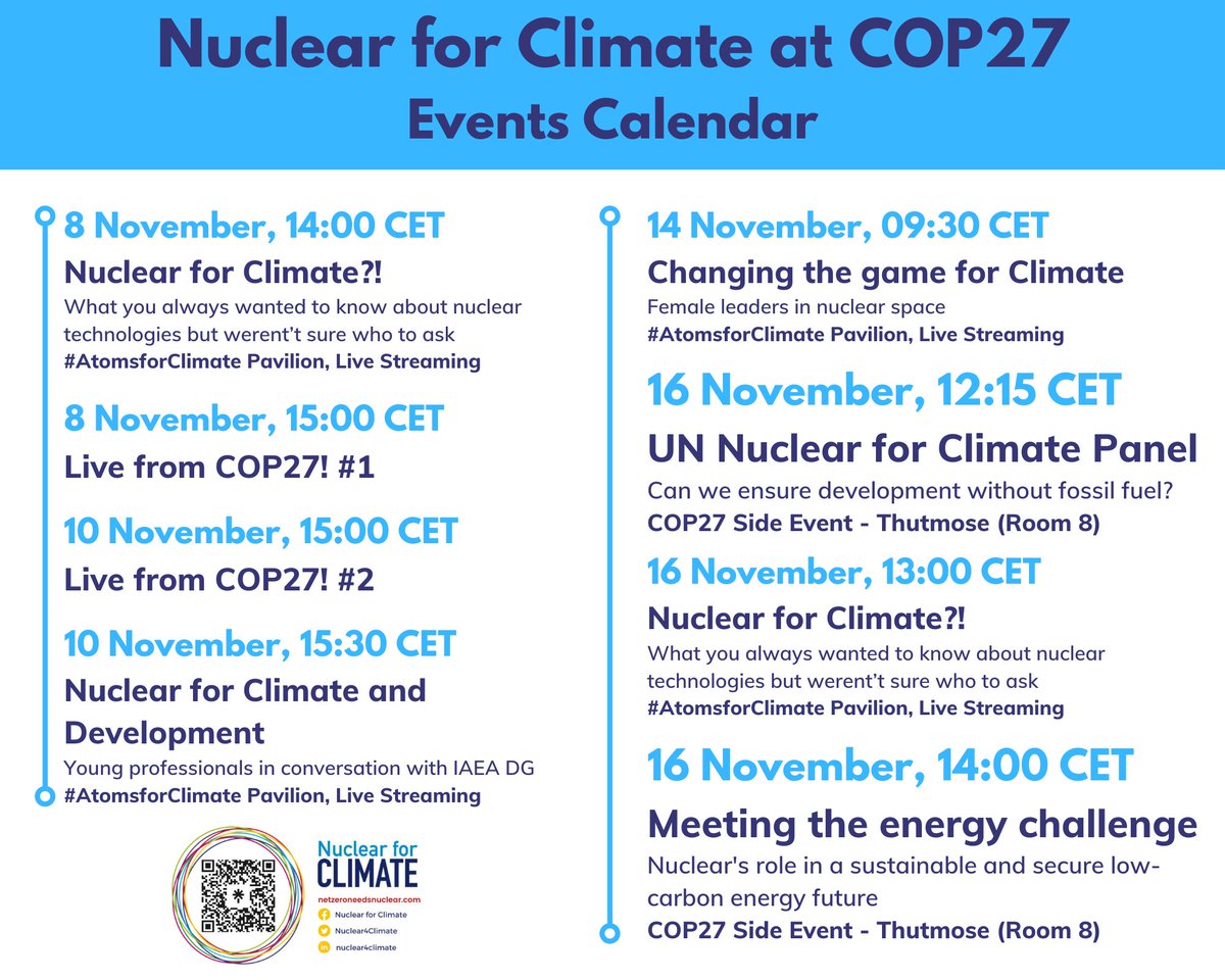 🤩⚛️🌍 #Nuclear4Climate at #COP27 

🗓️ A preview of our events in #SharmElSheikh! Scan the #QRcode to learn more! 

👍 Stay tuned and follow us for further updates!

#NetZeroNeedsNuclear #JustAndAmbitious #Atoms4Development #TogetherForOurPlanet #SDGs #RacetoZero #ClimateHero
