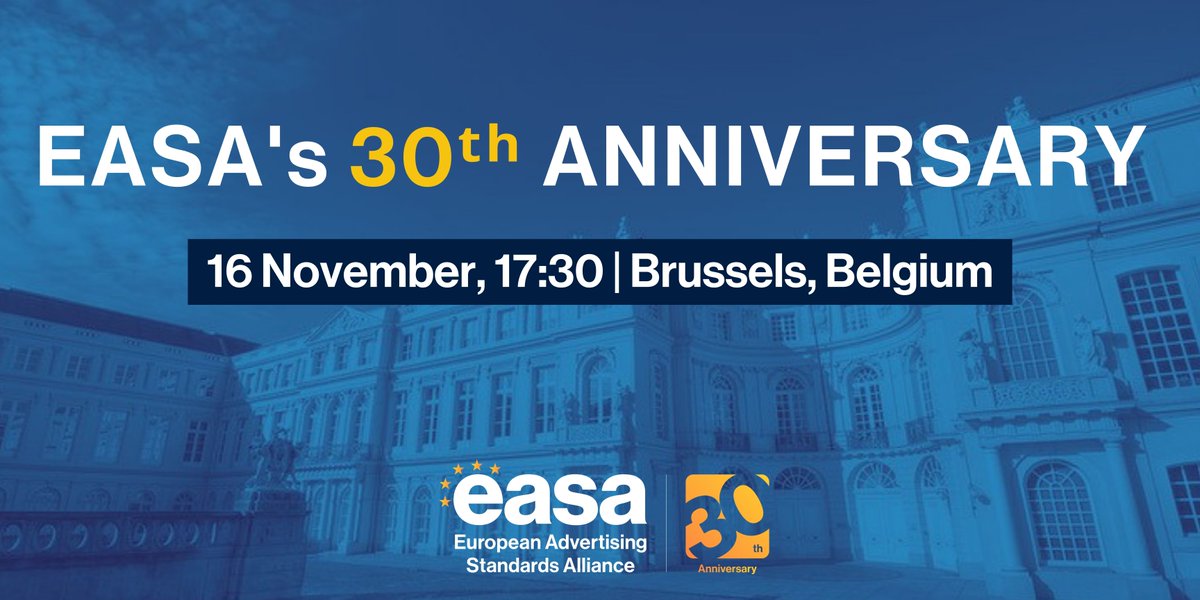 🎉 It's EASA's 30th year promoting responsible #advertising!

We're celebrating in Brussels, 16 November with a keynote speech from Didier Reynders, EU Commissioner for Justice &amp; a panel discussion with policymakers, the ad industry, and SROs.

Are you in? Send us a message 💌