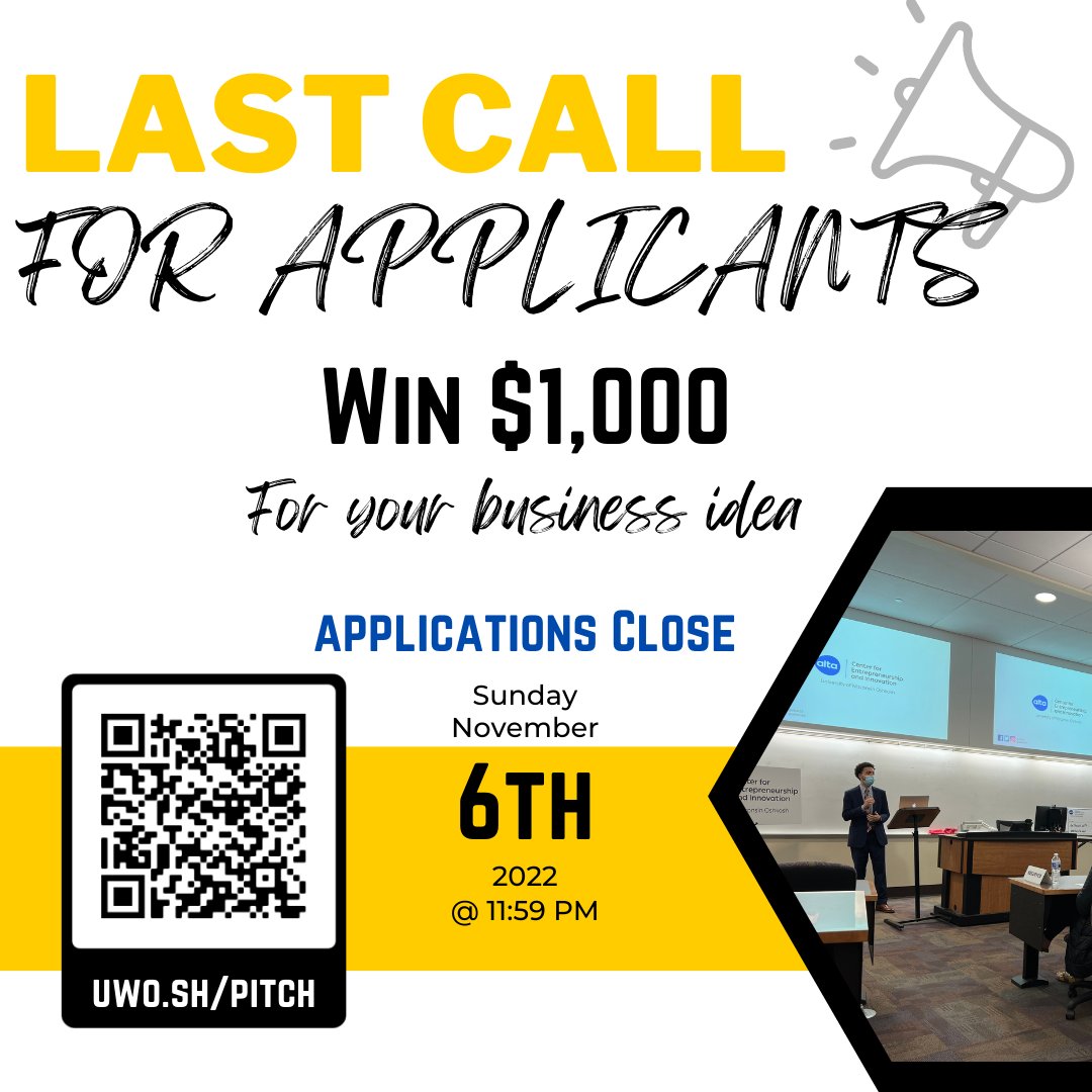UWOCEO's tweet photo. Last chance to apply and win $1000 towards your business! 

#Entrepreneur https://t.co/UnYMJYOA9d
