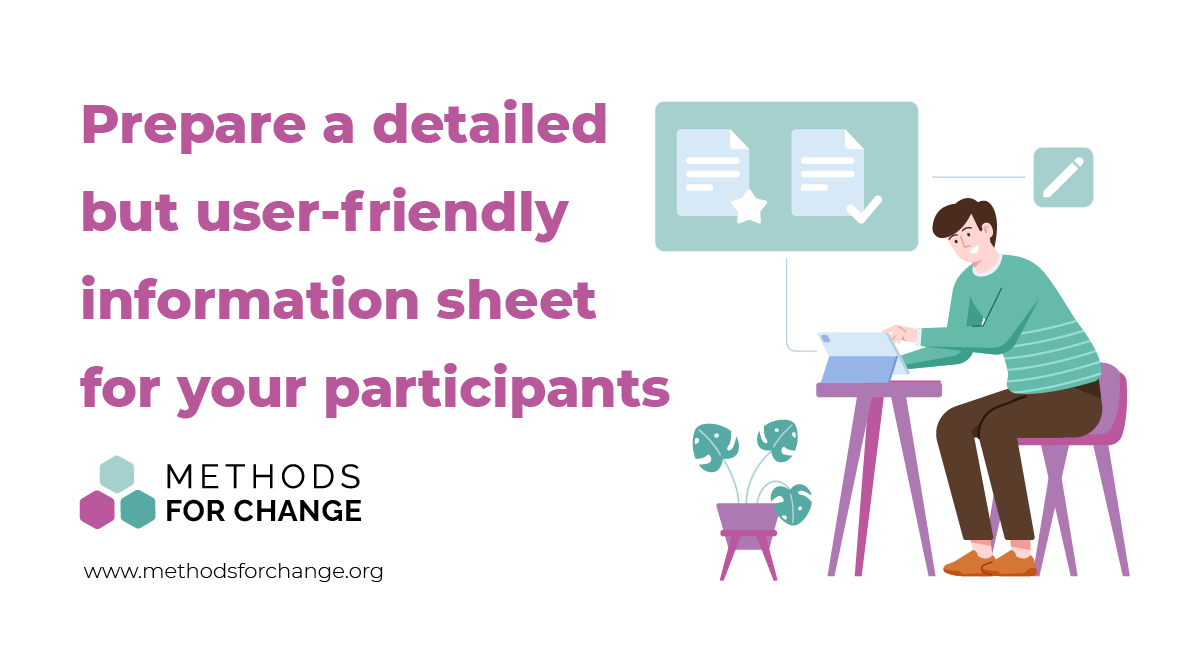 methods4change's tweet photo. 📢 #EvaluationDesign Key Tip📢
When you first engage prospective participants, you may be providing them with a lot of information. A useful way of helping them retain and understand your research information is to prepare a detailed but user-friendly information sheet. https://t.co/rMuMob1BuT