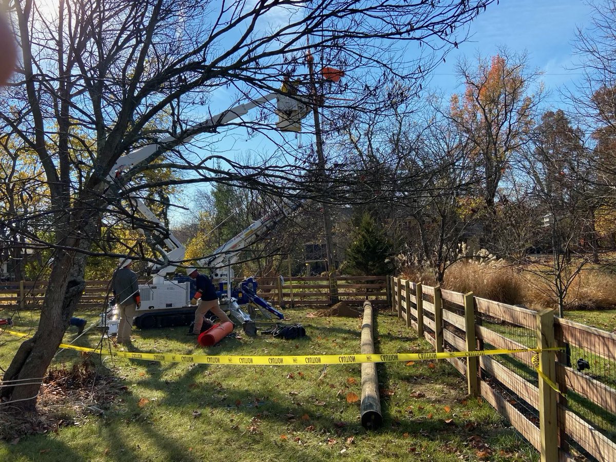 Bees 🐝 were no match for a pole in Oxford, OH of an <a href="/DukeEnergy/">Duke Energy</a> customer that needed replacing this morning. Note—rear lines = no bucket truck access and unique equipment required to get the job done 💪.