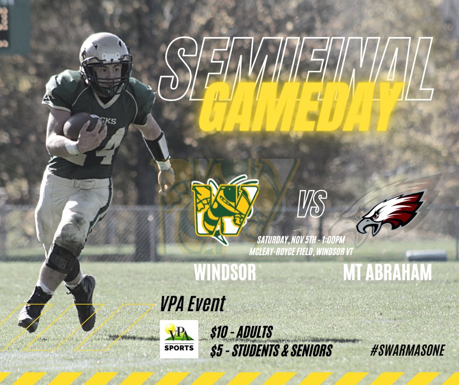 AthleticsWSD's tweet photo. GAMEDAY: Itβs Semifinal Saturday in Windsor as the Jacks host the Mt Abraham Eagles. Kickoff at 1PM. VPA Event - $10 adults $5 students & seniors. #swarmasone #gojacks #jacketsinbrackets https://t.co/9q1aPy2SWc
