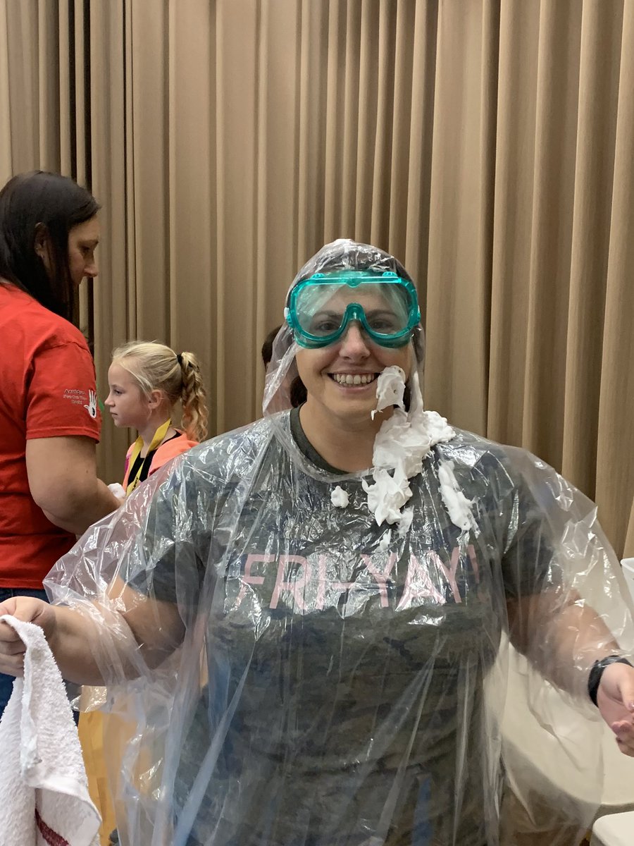 TheFolkField's tweet photo. It was our Positive Behavior Assembly where students got to pie a teacher!! We had 3 lucky bucket fillers from our class throw some pies! Some of our other LPC friends got me good too! @hempfield https://t.co/JhphrgIsiD