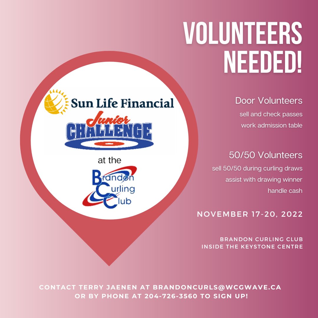 Attention Brandon event Volunteers!
The Brandon Curling Club is seeking volunteers for the upcoming Sun Life Financial Junior Challenge Bonspiel. Details are below, please contact Terry Jaenen at Brandon Curling Club to sign up! (brandoncurls@wcgwave.ca, 204-726-3560)
#EventsBdn