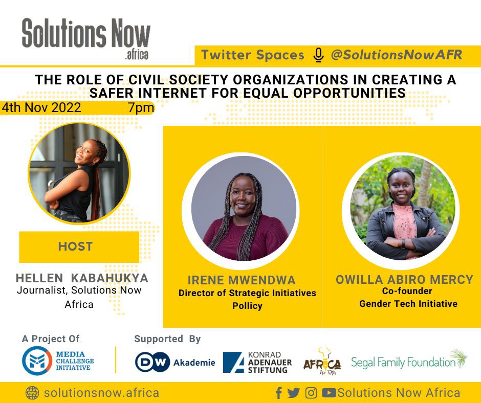 .@SolutionsNowAFR is hosting a #TwitterSpace at 7pm EAT .

👤 @tecyhellen
👥 Irene Mwendwa and @abyromercy (@PollicyOrg)
#️⃣ #SolutionsNowAFR | #EndOGBV