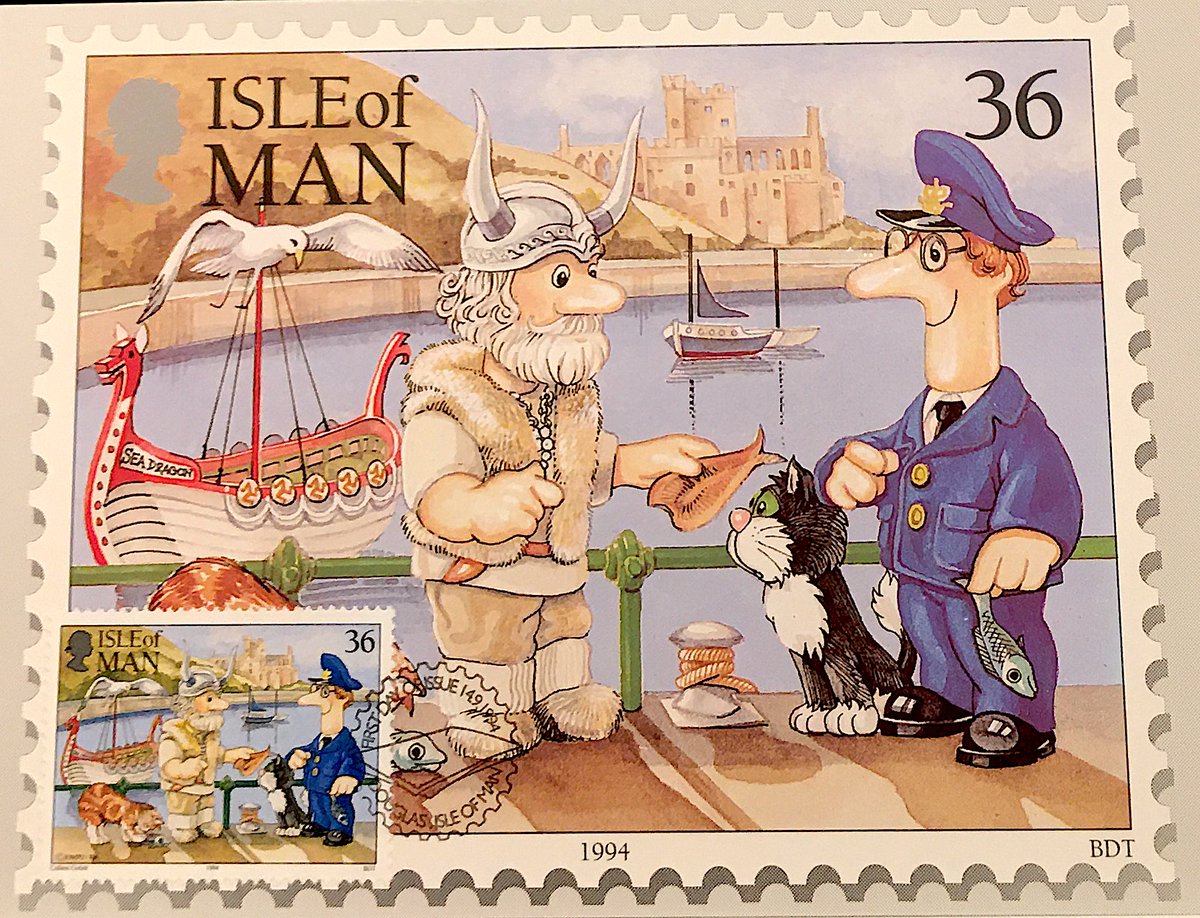 April_Shorty_'s tweet photo. @Philatelovely #MaxiCard for S #stamp in #Transportation:
#Postman Pat Visits #IsleOfMan & learns all about famous Manx kippers from the #Viking ... Note the #SEA Dragon #SHIP on the left.
#FDI 9/14/1994; #Douglas, Isle of Man
#Philately #Philatelic #Stamps #Deltiology #Postcard #MaximumCard https://t.co/uCc5B1joMR