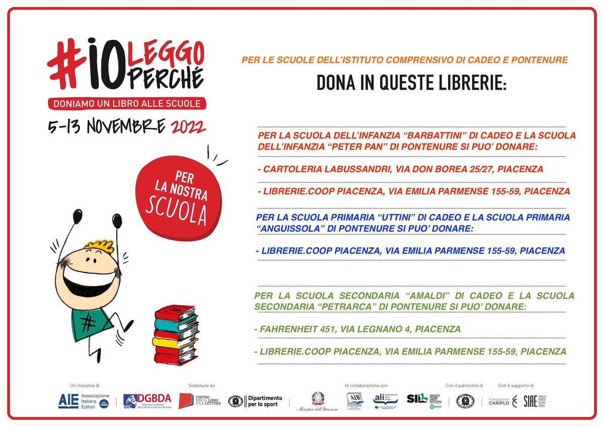 Da domani, sabato 5 novembre, si possono donare libri alle scuole del nostro istituto  #iccadeoponte #ioleggoperche2022 ! Vi aspettiamo nelle librerie gemellate!