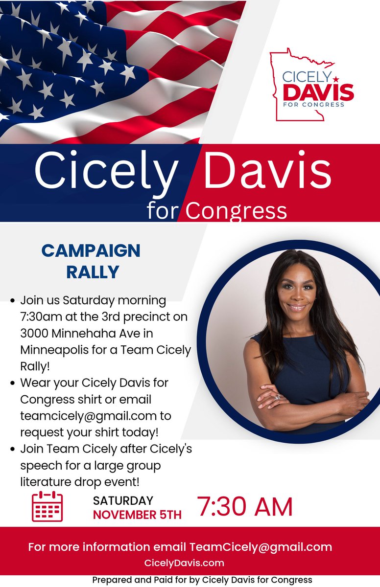 You're invited to join us TOMORROW morning at 7:30am! We'll be meeting at the 3rd precinct at 3000 Minnehaha Ave in Minneapolis! 

Need a Cicely Davis for Congress tshirt? Email teamcicely@gmail.com to request yours! https://t.co/RCOWeNzBSP