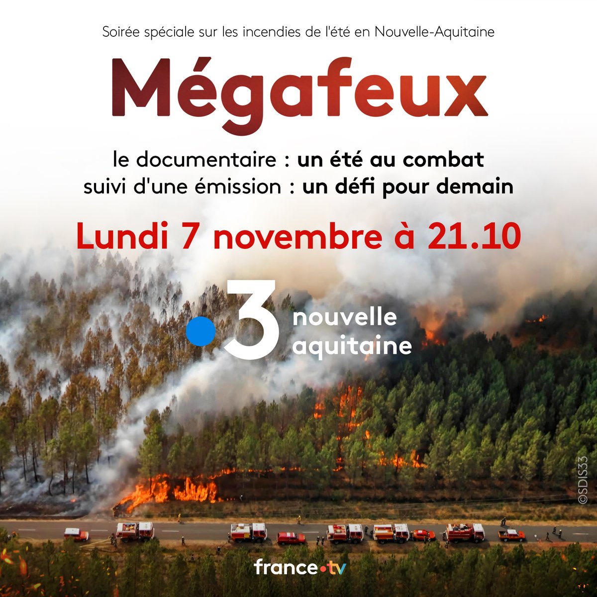 🔥Rendez-Vous Lundi 7 Novembre pour #Mégafeux
Une soirée spéciale sur les incendies de nouvelle aquitaine.
#incendies #gironde #lateste #arcachon #nouvelleaquitaine #emission #documentaire #pompiers #rechauffementclimatique #france3
<a href="/gironde/">Gironde</a> <a href="/PompiersFR/">Pompiers de France</a> <a href="/SDIS40/">Sapeurs-pompiers 40</a> <a href="/SDIS17/">Pompiers17</a> <a href="/SDIS16/">Pompiers de la Charente</a>