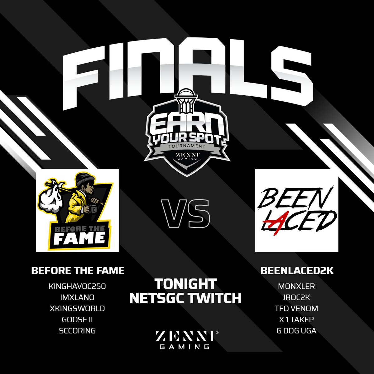 Still working out an official time, but...

🚨 THE XBOX EARN YOUR SPOT TOURNAMENT FINALS PRESENTED BY <a href="/Zenni_Gaming/">Zenni Gaming</a> IS HERE! 🚨

<a href="/B4TheFame__/">💰Before The Fame</a> ⚔️ @BeenLacedProAM 

Hang out with us tonight ‼️

➡️ twitch.tv/netsgamingcrew