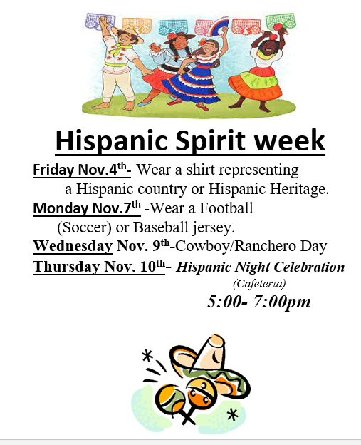 Lake Weston Hispanic Celebration Information
Hispanic Spirit Week Nov 4th - 10th
Permission Slip for student to participate in Hispanic Night Celebration: adobe.ly/3zMHfYK