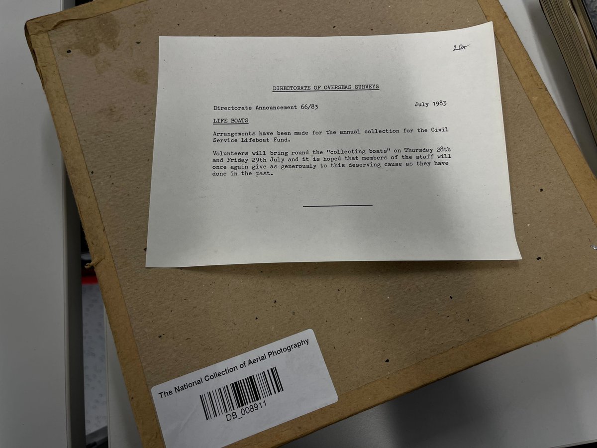 AerialSheila's tweet photo. 39 years ago, someone accidentally left this 1983 Civil Service Lifeboat Fund collection notice in a box of Directorate of Overseas Surveys aerial photography prints. We just rediscovered it. @FundLifeboat #lifeboatfund #savinglivesatsea #archives #dosproject #ncap #civilservice https://t.co/TnDi7JX1iS