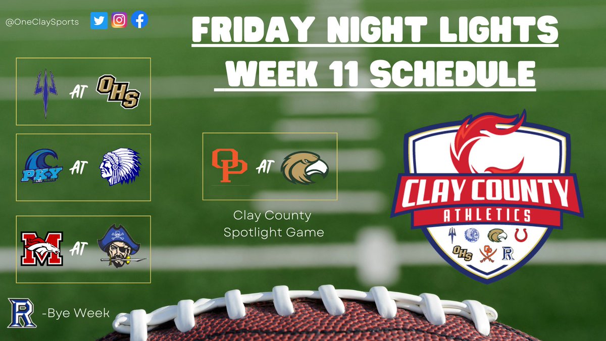 oneclaysports's tweet photo. FOOTBALL FRIDAY! Tonight is the final Football Friday for the 2022 regular season! Good luck to all of our bands, cheerleaders, ROTC programs, players, coaches and fans! Be sure to let your great sportsmanship show! #OneTeamOneGoalOneClay https://t.co/PdxI4Fb7nx