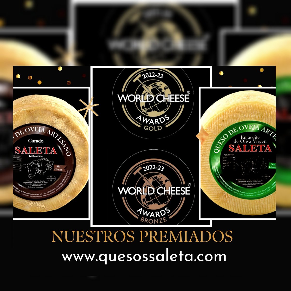 quesosaleta's tweet photo. ¡¡Tenemos grandes noticias!!🎥🎥
Nuestros quesos han sido premiados por 2°año consecutivo en el concurso internacional más importante. 🧀🧀 
#WorldsCheeseAwards @guildoffinefood 
Queso curado 🥇medalla oro
Queso en aceite 🥉medalla bronce
🛒🛒https://t.co/UqOWkS6eu8 https://t.co/i5v1UNaCQO