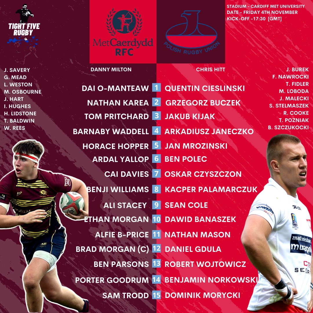 🏹 𝗖𝗔𝗥𝗗𝗜𝗙𝗙 𝗠𝗘𝗧 𝘃𝘀 𝗣𝗢𝗟𝗔𝗡𝗗 🇵🇱 

Poland continue their preparation for the Rugby Europe Championship against Cardiff Met University this evening at Cyncoed. 

The Lineups ⤵️

#AutumnNationsSeries 

<a href="/cardiffmetrfc/">Cardiff Met RFC</a> <a href="/RugbyPoland/">Rugby Poland</a>