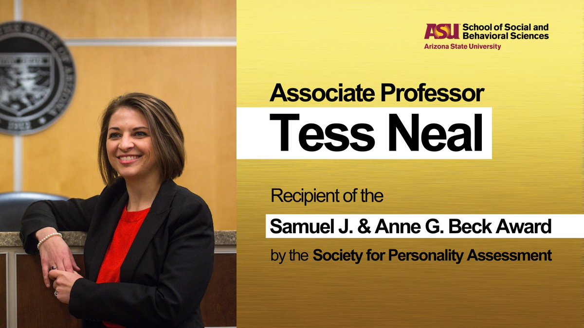 ASU School of Social and Behavioral Sciences (@asu_ssbs) on Twitter photo Congratulations to <a href="/tessmsneal/">Tess M.S. Neal, Ph.D.</a> who has been awarded the <a href="/SPA1938/">Society for Personality Assessment</a> Samuel J. and Anne G. Beck Award!
The award honors scholars whose early work has been characterized by substantial #innovation and promise for the field of personality assessment and psychological test development. Congratulations to <a href="/tessmsneal/">Tess M.S. Neal, Ph.D.</a> who has been awarded the <a href="/SPA1938/">Society for Personality Assessment</a> Samuel J. and Anne G. Beck Award!
The award honors scholars whose early work has been characterized by substantial #innovation and promise for the field of personality assessment and psychological test development.