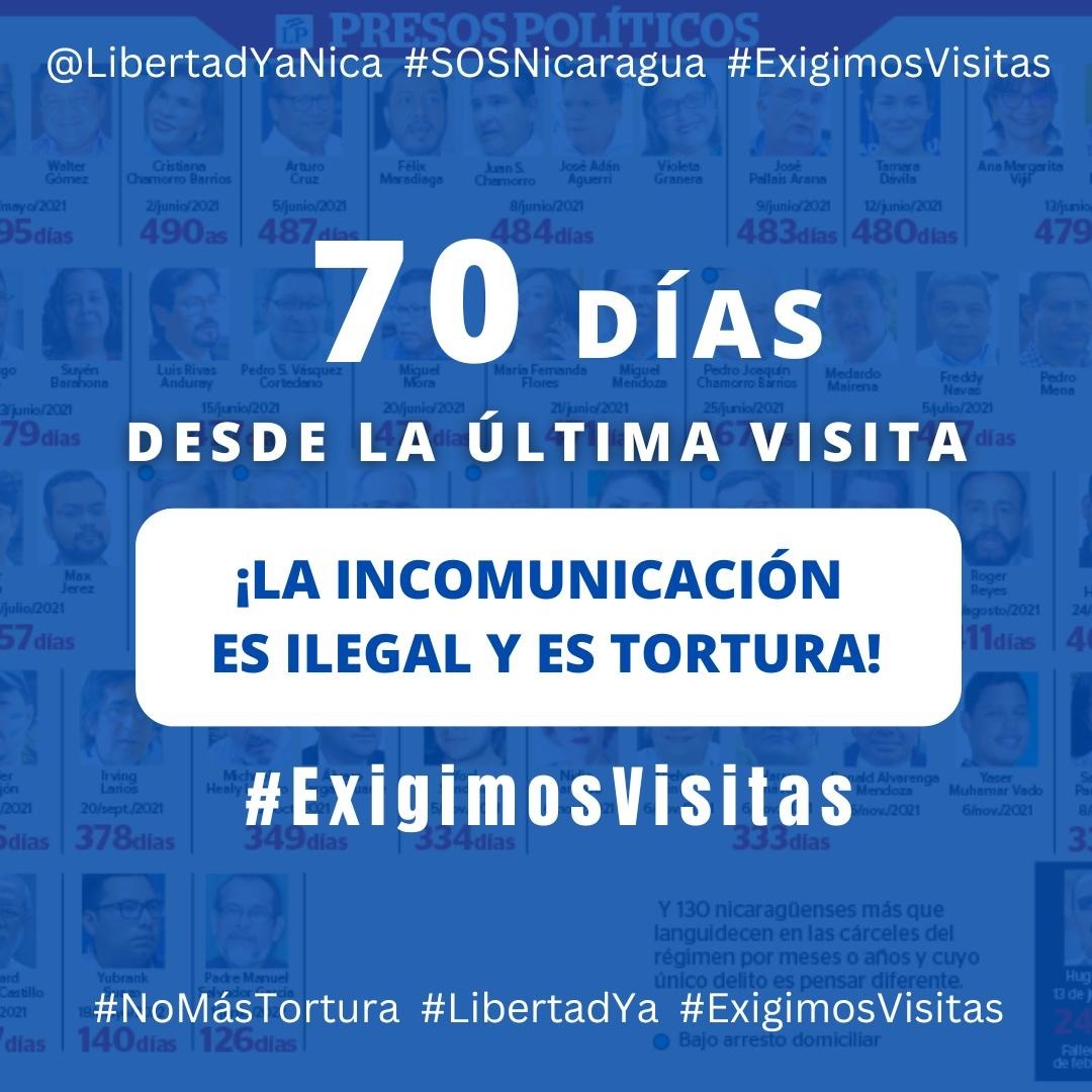 LibertadYaNica's tweet photo. 70 Días de incomunicación en #ElChipote en los cuales:
⚠️Al menos cuatro personas han iniciado #HuelgaDeHambre
⚠️Nicaragua ha sufrido el paso de un huracán
⚠️Las hijas e hijos menores continúan extrañando a sus padres y madres
📣Son ya 1680 horas de incertidumbre y tortura https://t.co/IshLv4XIvL