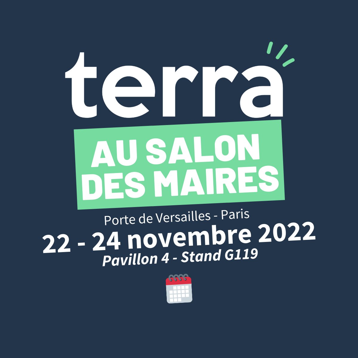 📆 L’équipe de <a href="/terra_num/">terra_num</a> sera présente au <a href="/salondesmaires/">Salon des Maires et des Collectivités</a> du 22 au 24 novembre 2022. 
Une occasion d’échanger sur les sujets du numérique responsable avec les acteurs territoriaux 🤝
📍 Retrouvez-nous au pavillon 4 – G119 🌍

bit.ly/3FKfL9L

#SMCL