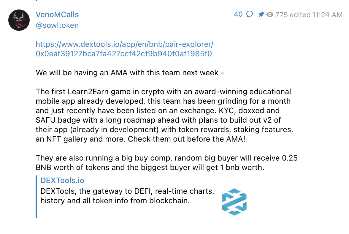 SOWLToken's tweet photo. Always a great day when @VenomCrypto_ gives you an amazing shoutout!! Thank you! See you for an AMA next!

#SOWL #Venom #Binance #BNB #BSCGemsAlert #p2e #crypto #giveaway #bullish #bullrun https://t.co/pT0HHrm8Yc