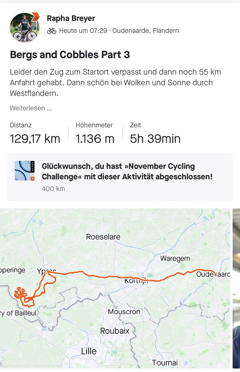 Heute noch den Westteil rund um Ypres und den Kemmelberg abgefahren. Schönes Wetter und schöne Anstiege. Bei 17% auf nassem Kopfsteinpflaster war dann aber Schluss. #FlandrienChallenge