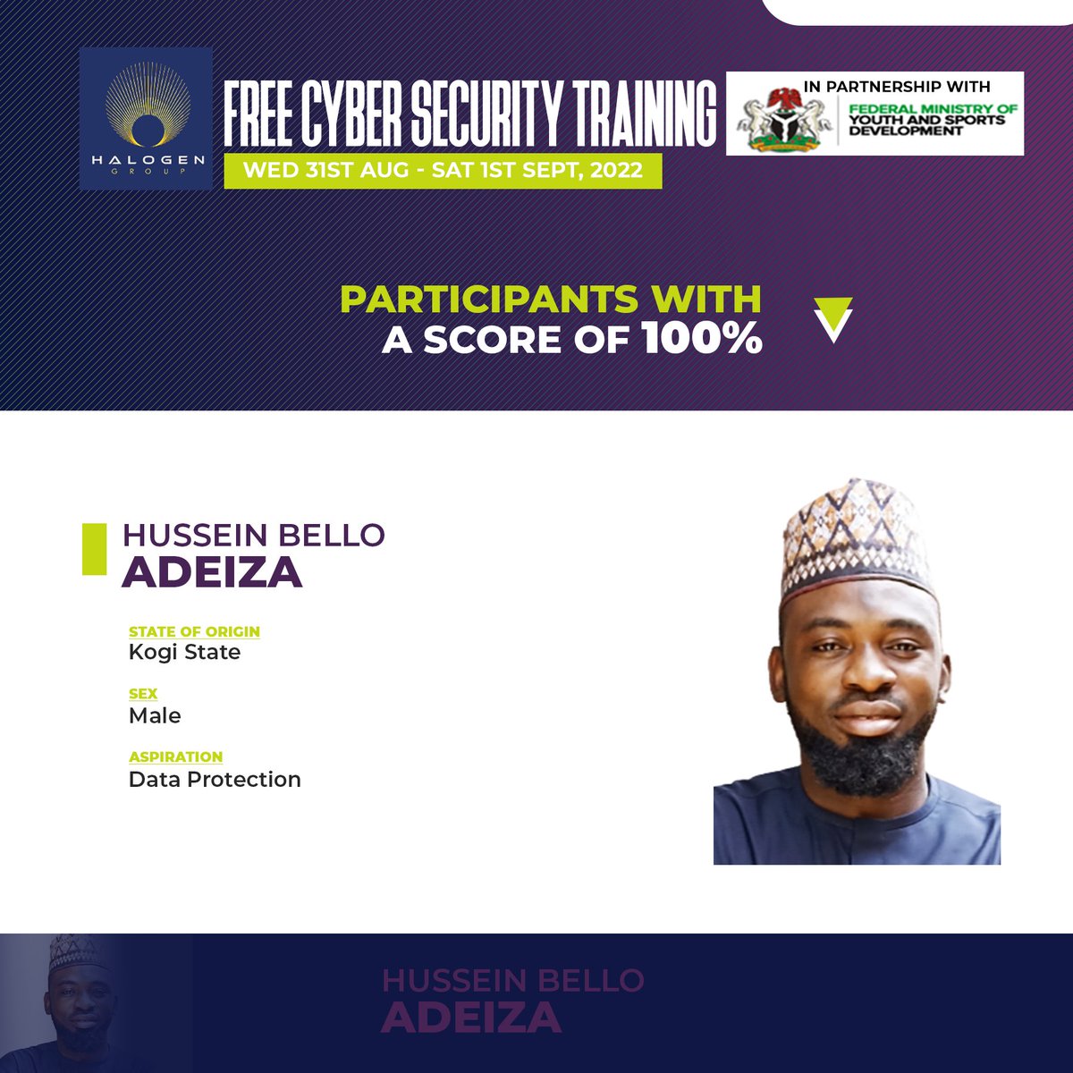 Free Cyber Security Training.

Meet Hussein Bello Adeiza, one of the participants with a score of 100%.

👏👏👏👏 

#halogencybertraining  #cyberfmyshalogen
