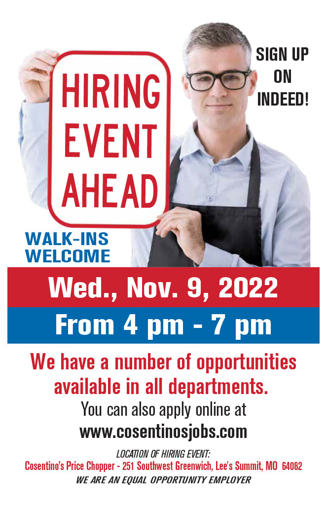 RaintreePC's tweet image. Join our Cosentino's Price Chopper team! We are hosting a hiring event on Wednesday, November 9th from 4-7pm for applicants to learn more about our opportunities.

#hiring #kansascityjobs