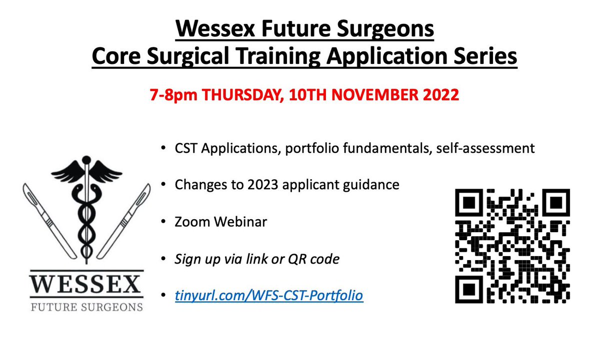 Core Surgical Training Applications Series: applications advice and portfolio fundamentals 

7-8pm THURSDAY, 10TH NOVEMBER 2022 via Zoom FREE!!

Sign up now!! - tinyurl.com/WFS-CST-Portfo…