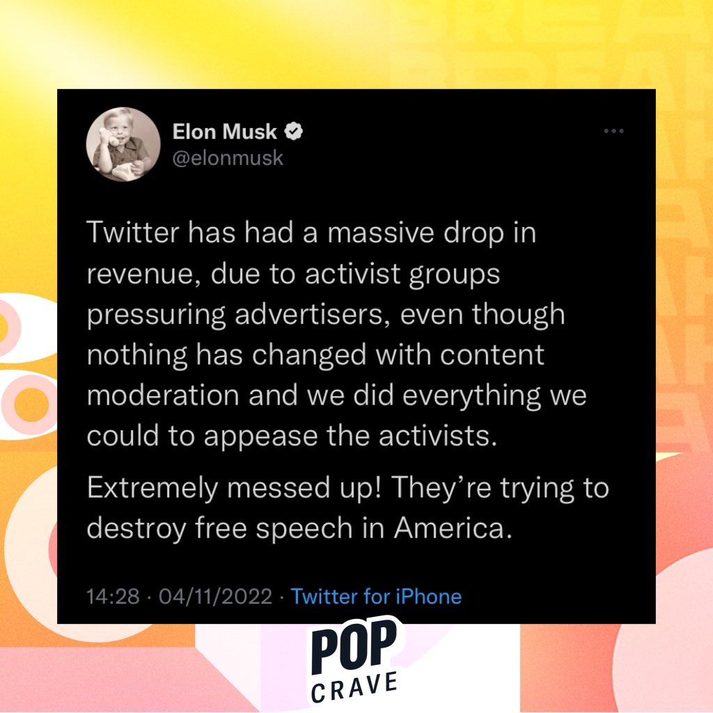 Elon Musk says “activist groups pressuring advertisers” are responsible for a massive drop in Twitter revenue: “They’re trying to destroy free speech in America.”