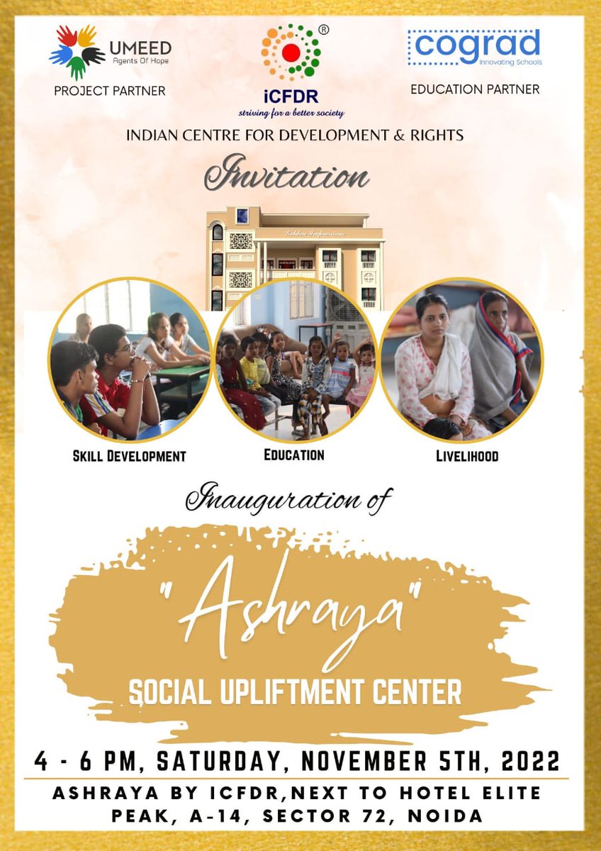 cograd_in's tweet photo. @cograd and @icfdrfellowship are collaborating to open 'a school and skilling centre' for slum kids in DelhiNCR.

We are inaugurating 'Ashraya- Social Upliftment Center' in NOIDA on November 5th, 2022.

To visit our center, check map link- 📍https://t.co/vg6pEM0DQn

#ashraya https://t.co/8ZMSfYxulc